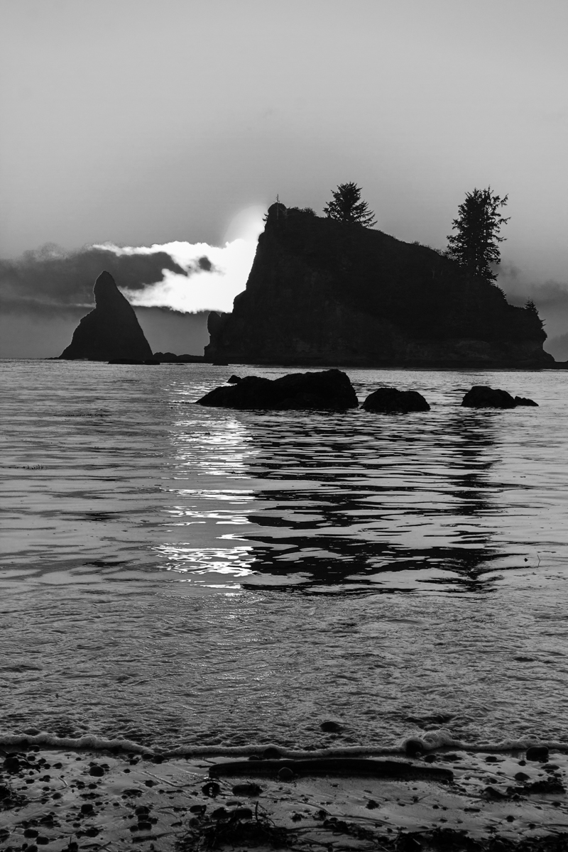 Sea stacks at sunset B and W
