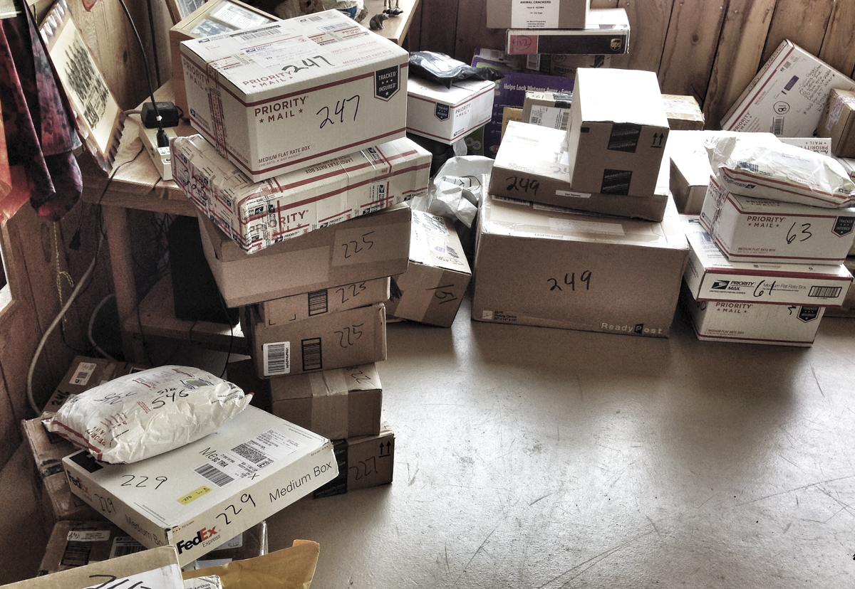 Packages waiting for hikers at Mount Rogers Outfitters